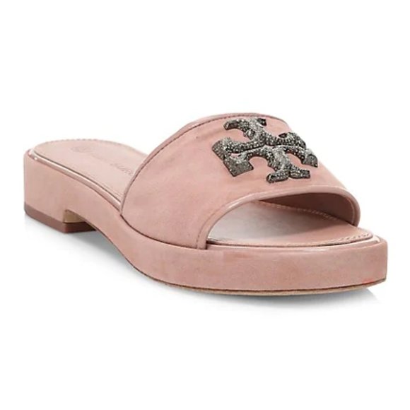 NIB Tory Burch Eleanor Crystal Embellised Leather Slide Meadowsweet PInk US 9